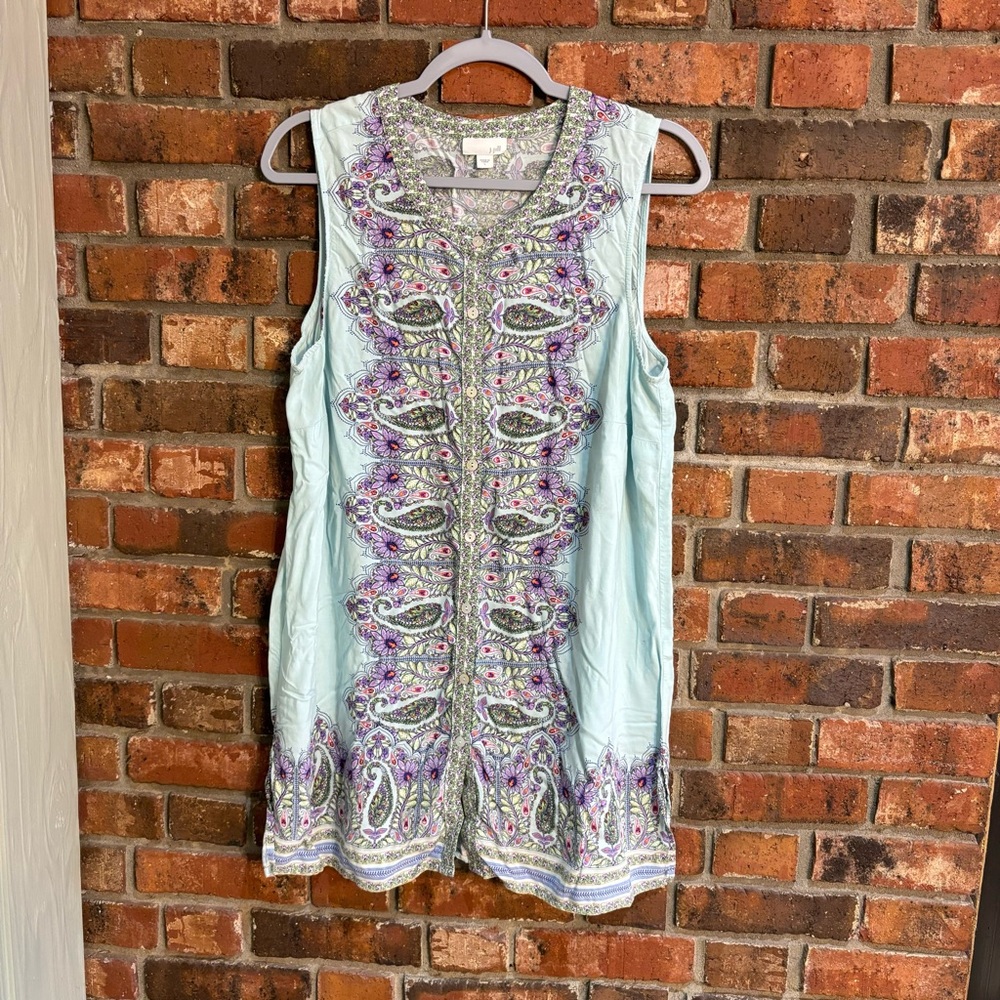 J. Jill womens sleeveless button front paisley tunic top aqua large
